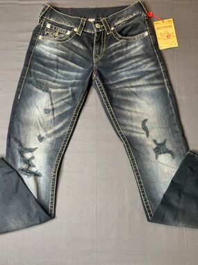 True Religion Men's Blue Distressed Slim Straight Jeans Big T Stitching 30X32